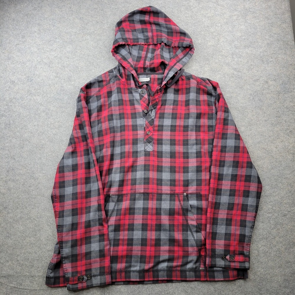 Gramicci Hoodie Mens XL Red Plaid Flannel Henley Pullover Sweatshirt Kangaroo
